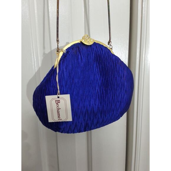 Ladies Saphire Blue pleated satin evening bag with gold chain NWT READ - Picture 1 of 7